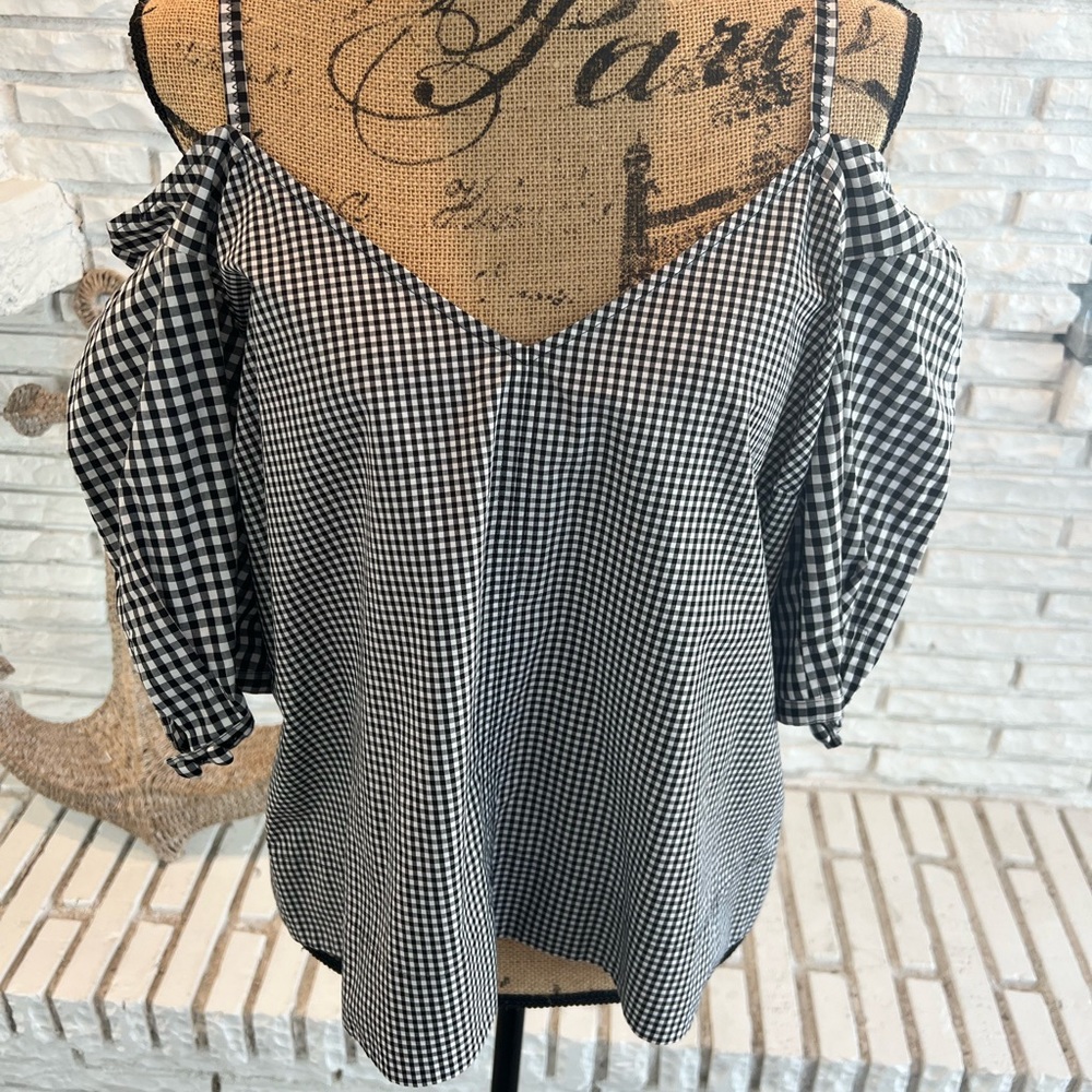10 Crosby Derek Lam Black & White Gingham Cold Shoulder Blouse Top Sz 10